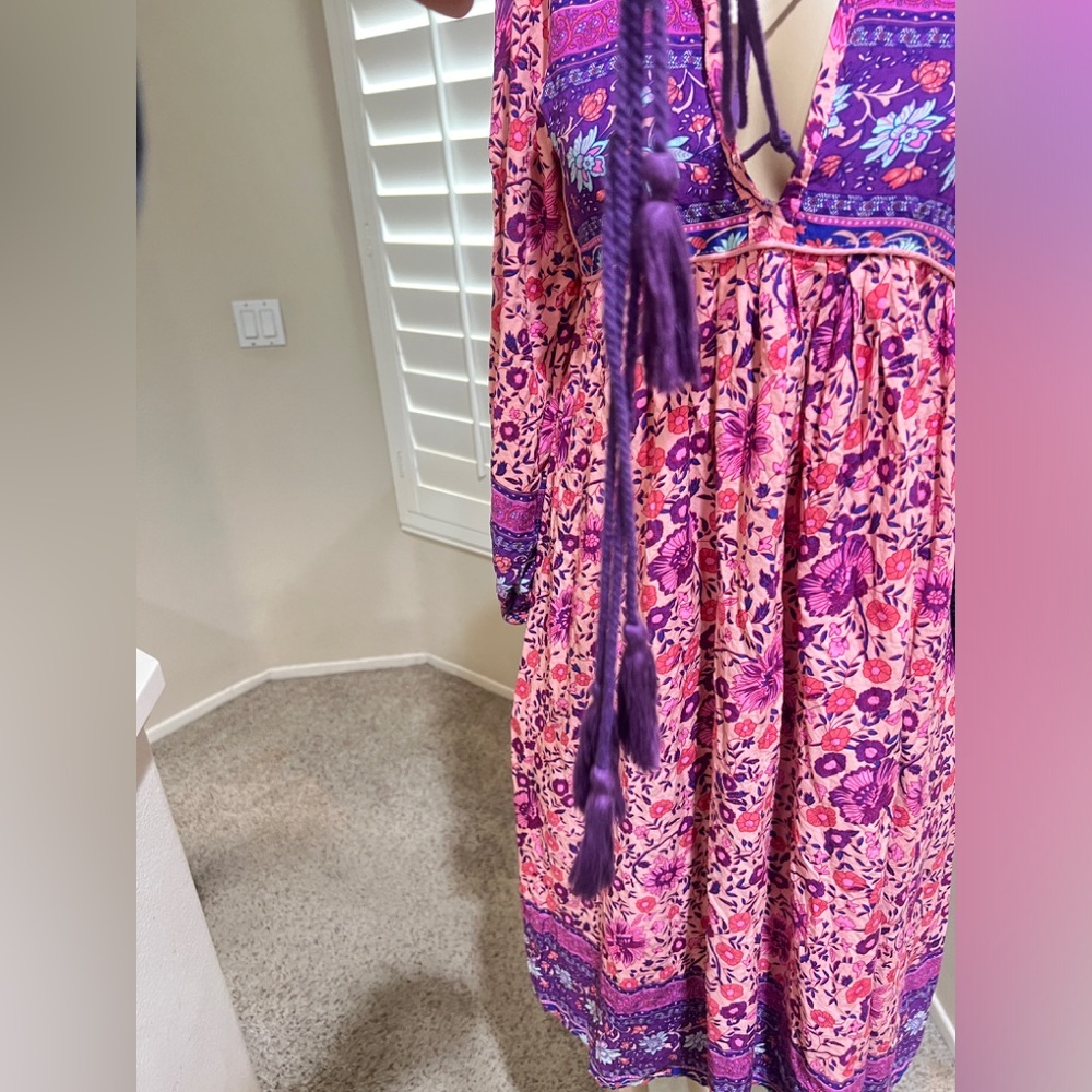Bohemian Boho Hippie‎ Modest Paisley Floral Peasant Lounge Midi Dress Size Small - Picture 4 of 11